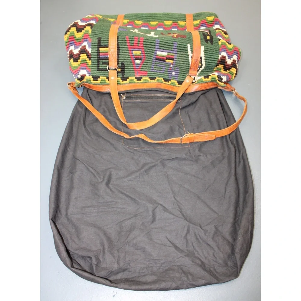 Vintage Handmade Woven Tote Bag Leather Trim Boho Guatemala Alpaca Wool Travel - Picture 13 of 14